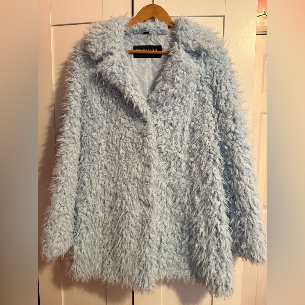 Guess Los Angeles Powder Blue Faux fur teddy coat. Size large.
